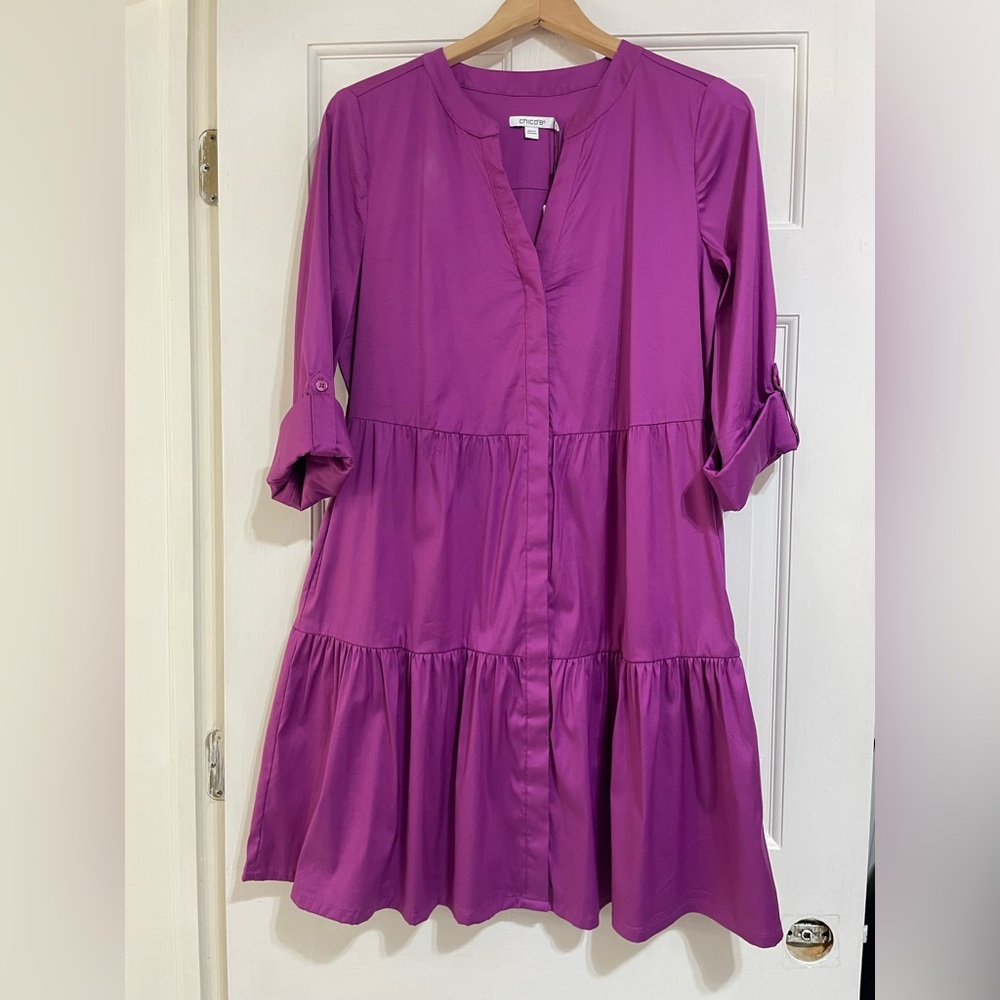 NWT Chicos size 1 (US size 8) Tiered Mini Dress African violet colorway - Picture 2 of 5